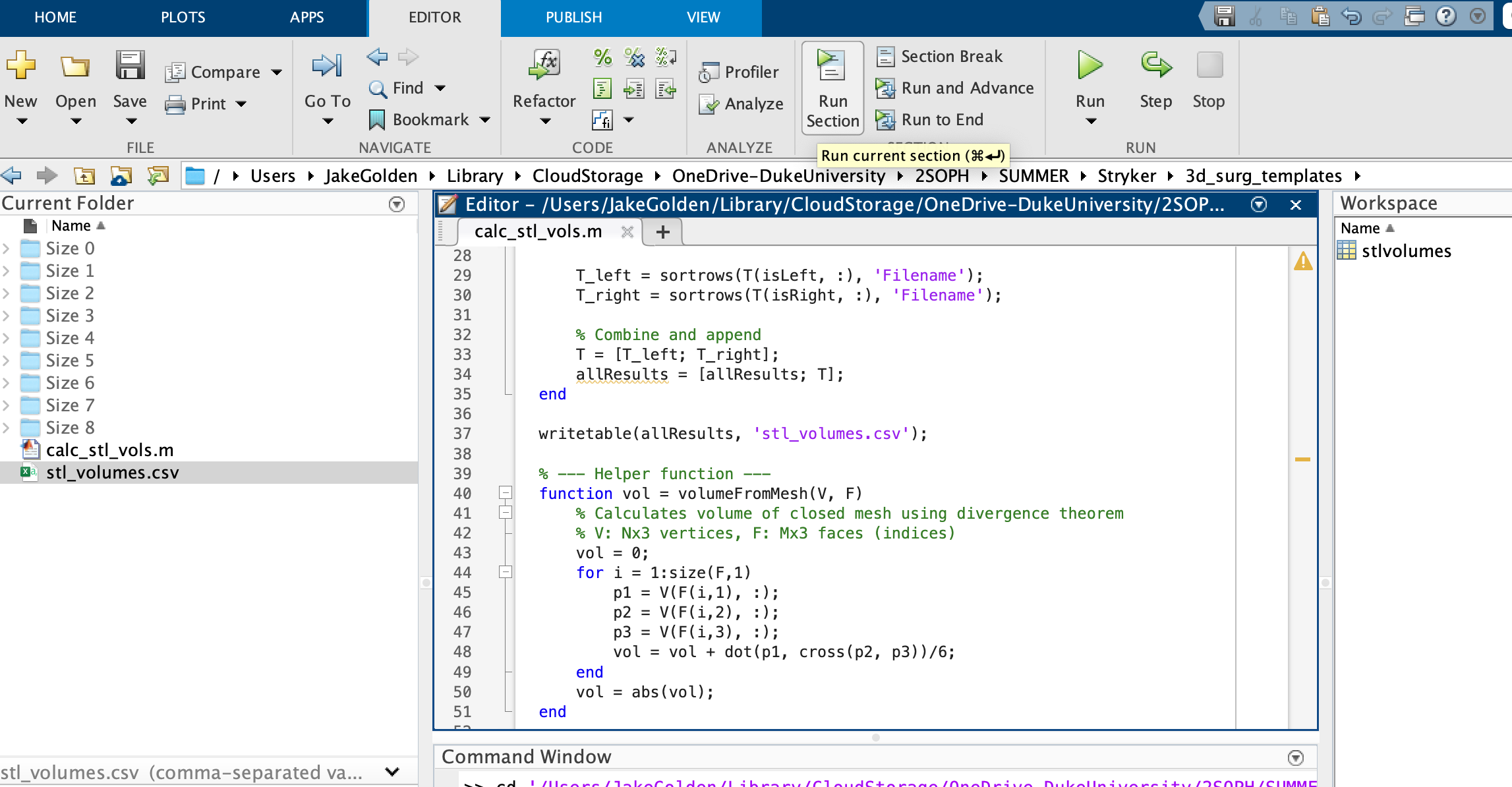 MATLAB script used to calculate volume of digital template files in batch